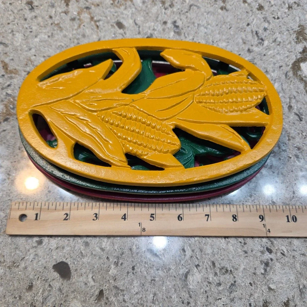 Vintage Cast Iron Vegetable Trivets Set of 3 Corn Peas Radish Multicolored